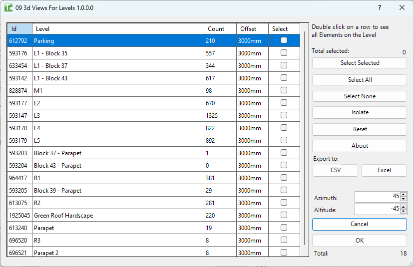 009 3D Views for All Levels — main dialog