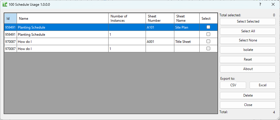 100 Schedule Usage dialog — grid showing schedules with placement counts