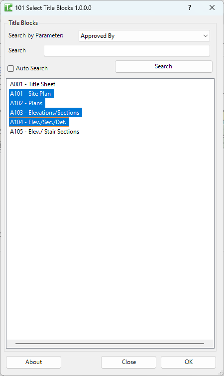 101 Select Title Blocks dialog — search field and results list