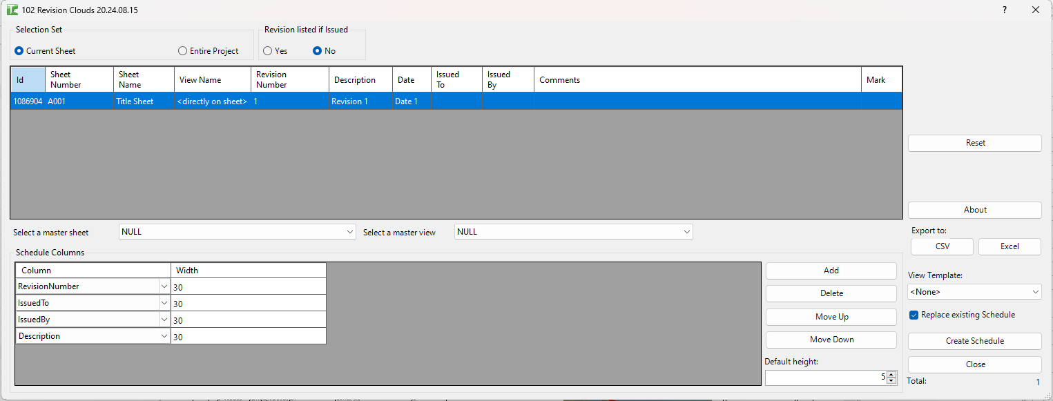 102 Revision Clouds dialog — grid with cloud data and schedule creation panel