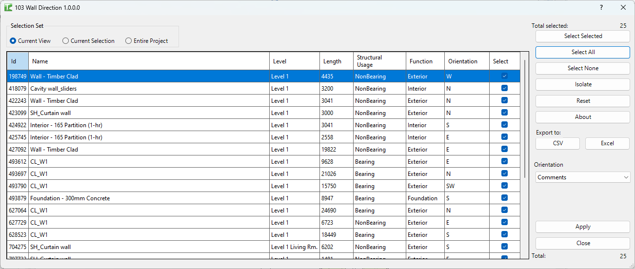103 Wall Direction dialog — grid with wall orientation data