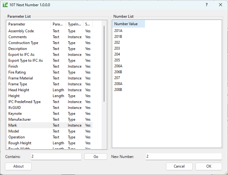 107 Next Number dialog — parameter list and search results