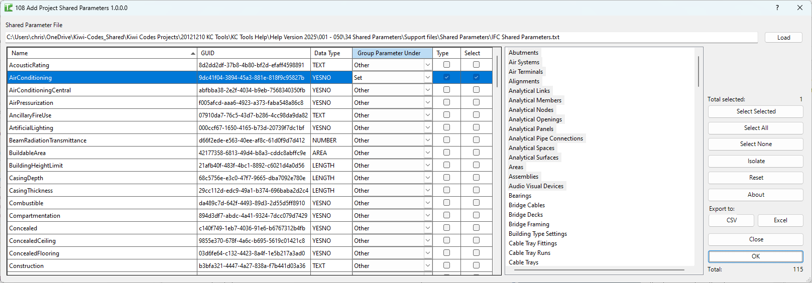 108 Add Project Shared Parameters dialog — categories on the left, parameters on the right