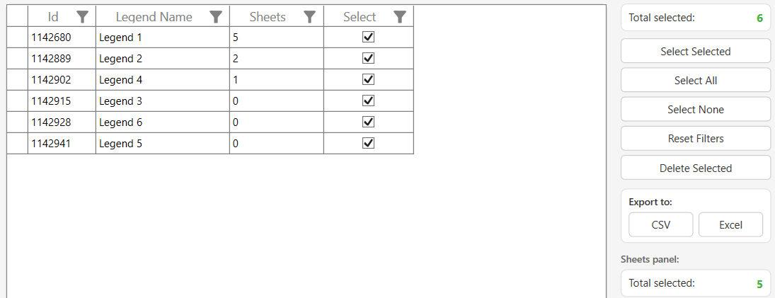 Top grid showing legends with sheet counts