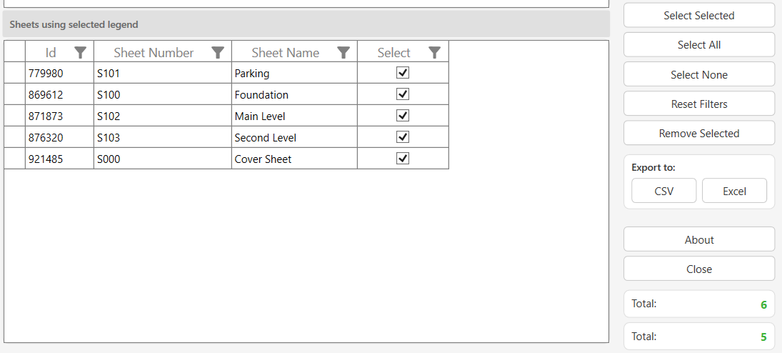 Bottom grid showing sheets for the selected legend