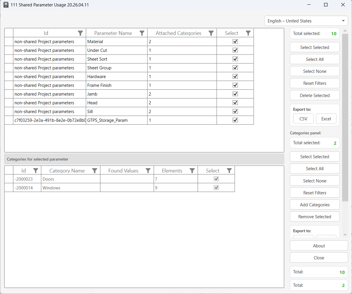 111 Shared Parameter Usage dialog