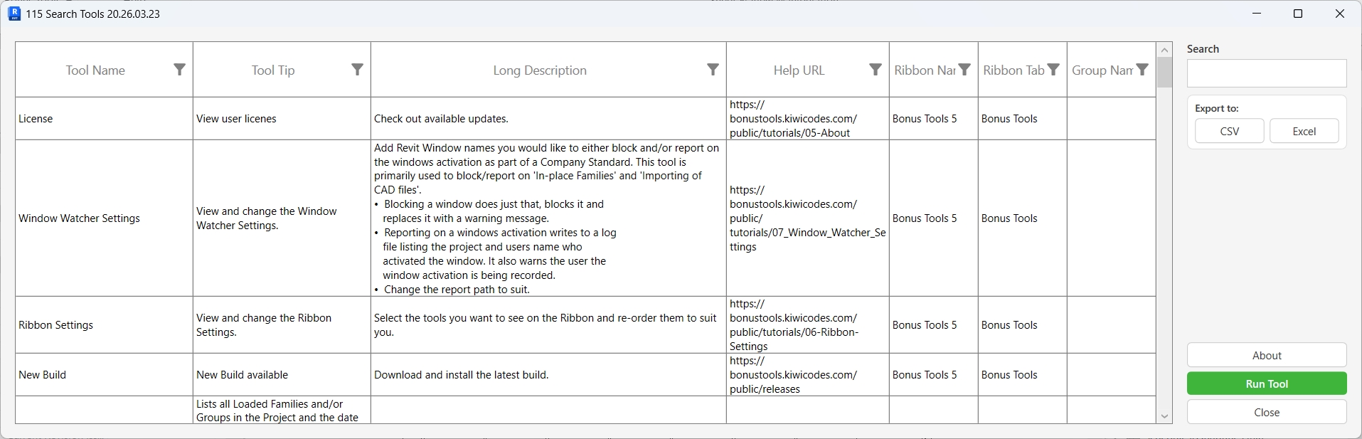 115 Search Tools dialog