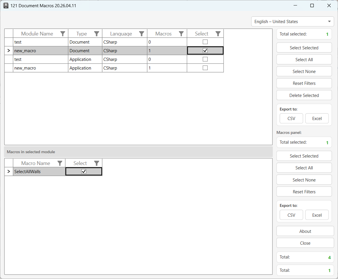 121 Document Macros dialog