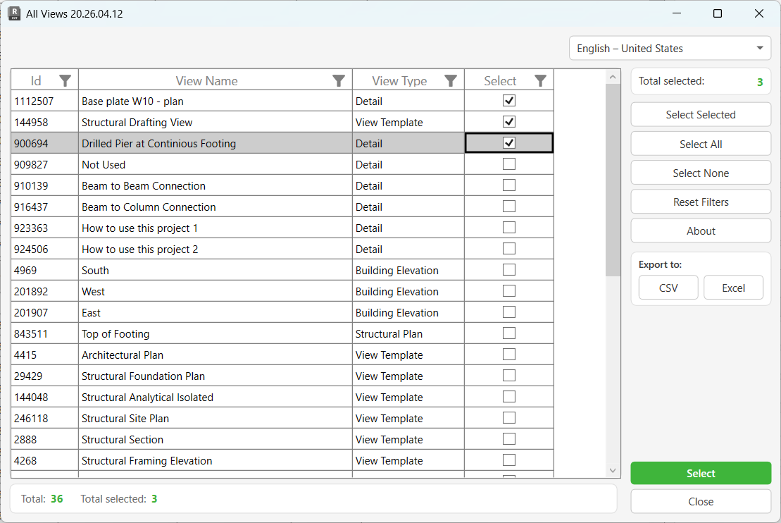 Add Views picker dialog