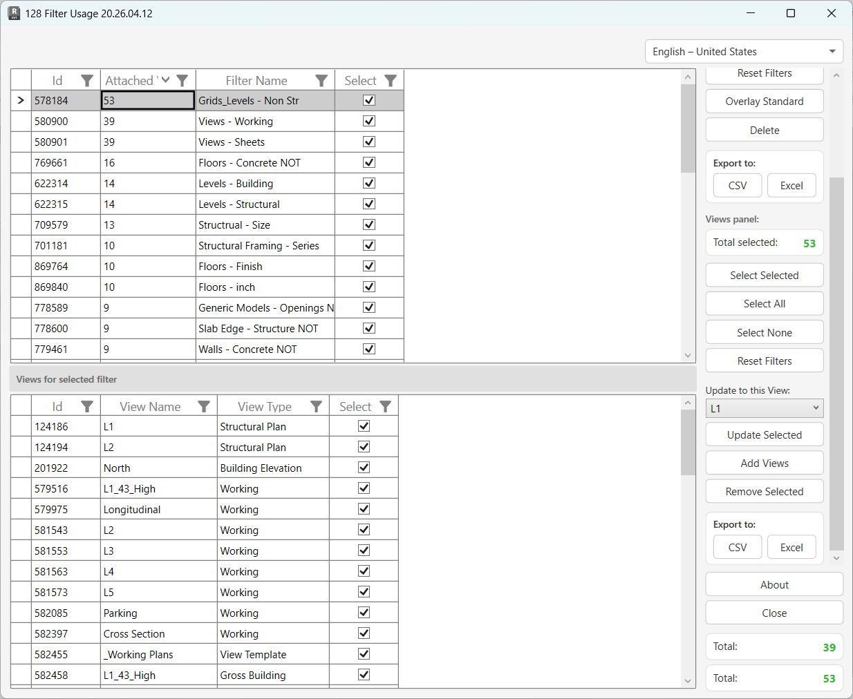 128 Filter Usage dialog