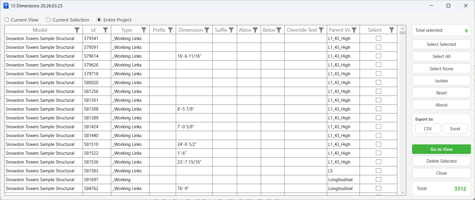 Dimensions List dialog