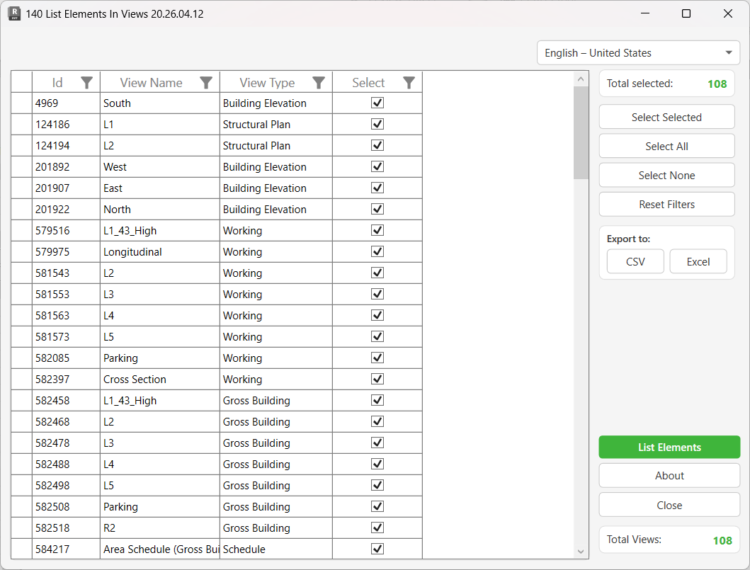 140 List Elements in Views dialog