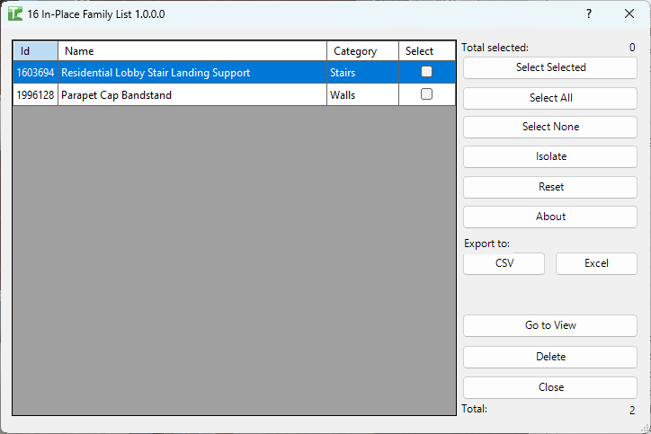 016 In-Place Family List — main dialog