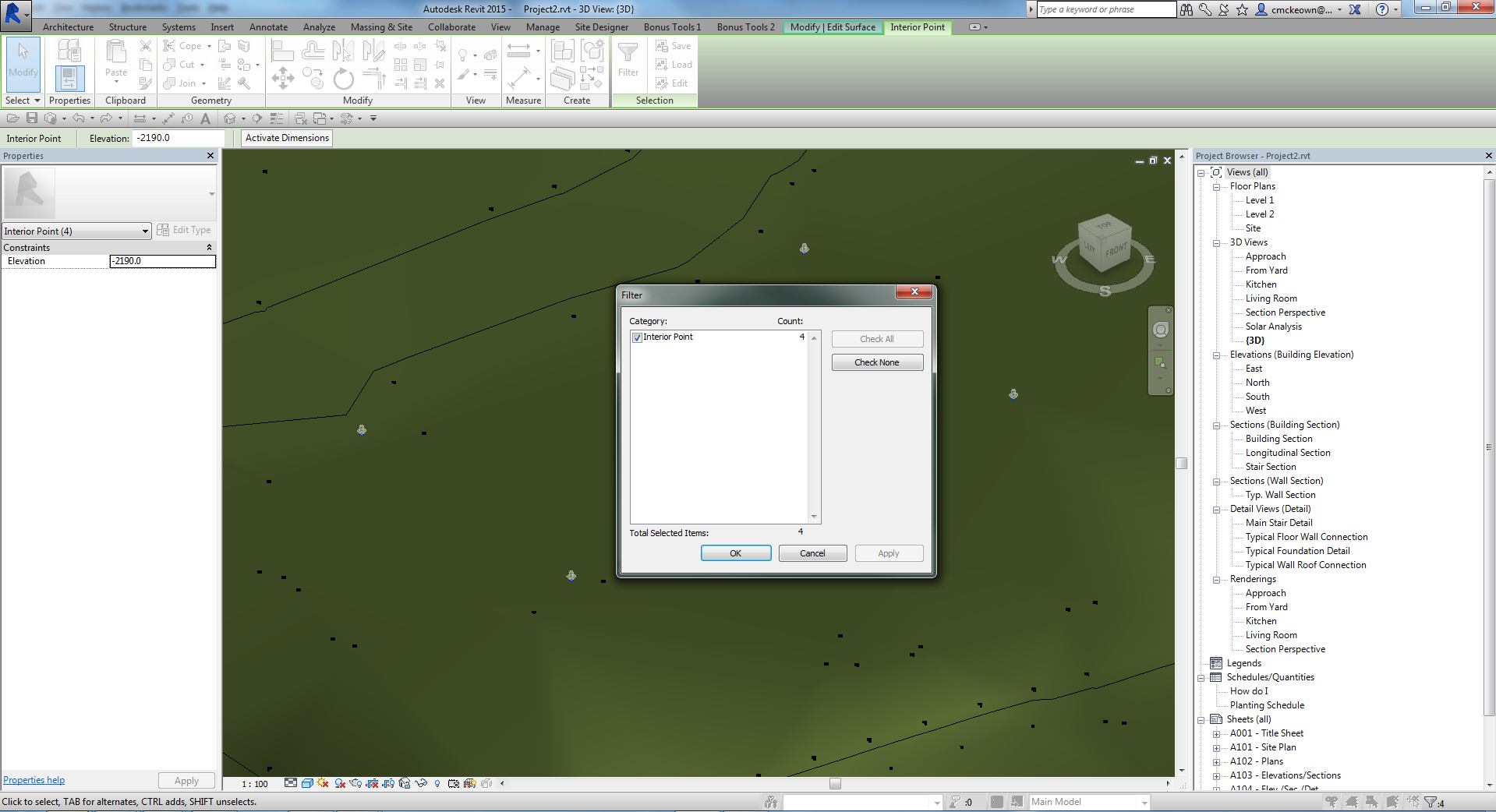 Topography surface in edit mode showing interior points added by the tool