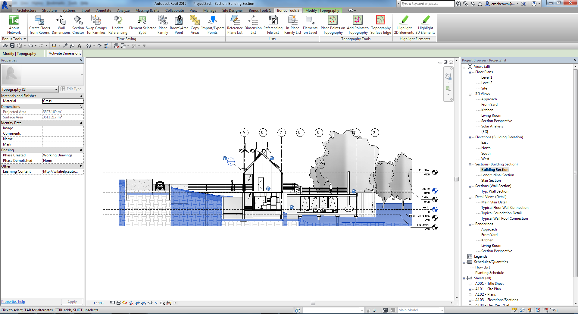 Select topography surface in section view