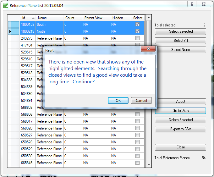 Revit prompt when no open view shows the selected reference planes