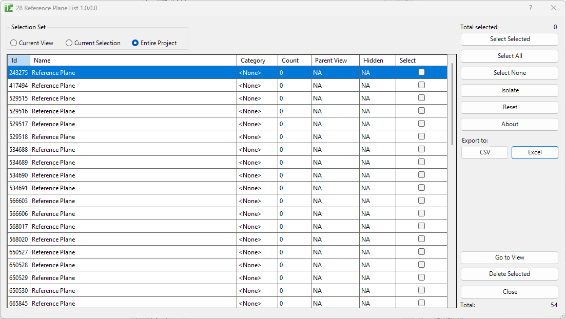028 Reference Plane List — main dialog