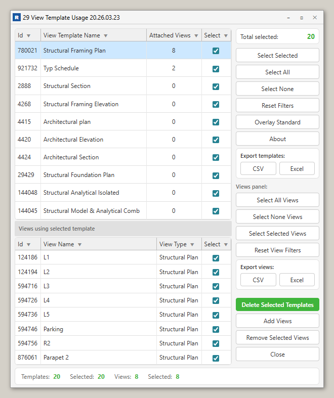 Templates grid showing template list with attached view counts