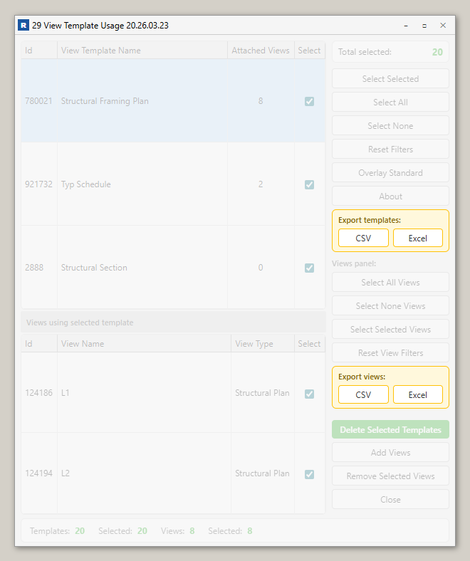 Export buttons for templates and views