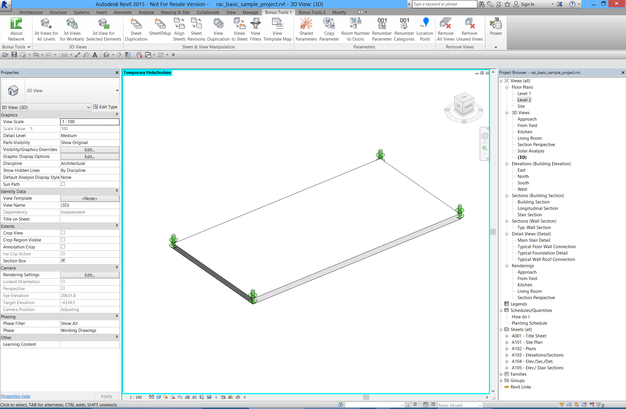 3D view showing Generic Model SOPs placed at slab and structural element corners