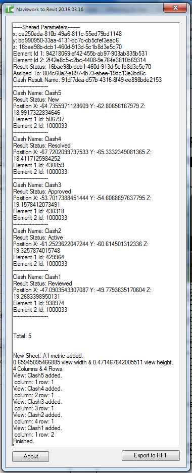 Text output window showing clash import results