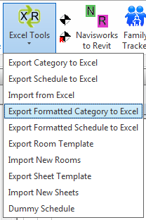 Excel Tools ribbon dropdown — Export Formatted Category to Excel highlighted