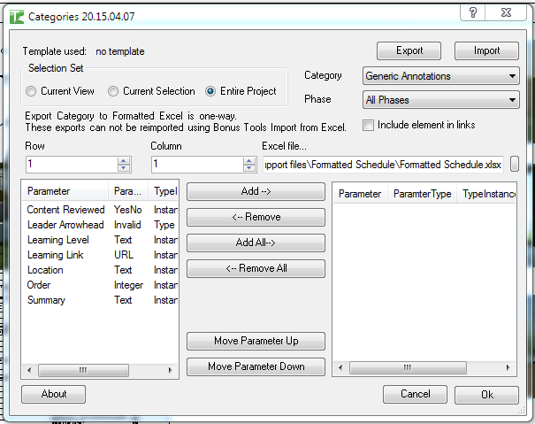033d Export Formatted Category to Excel dialog — showing one-way export warning and row/column offset controls
