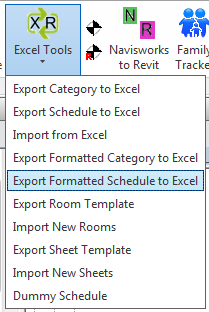 Excel Tools ribbon dropdown — Export Formatted Schedule to Excel highlighted