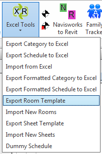 Excel Tools ribbon dropdown — Export Room Template highlighted