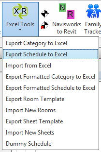Excel Tools ribbon dropdown — Export Schedule to Excel highlighted