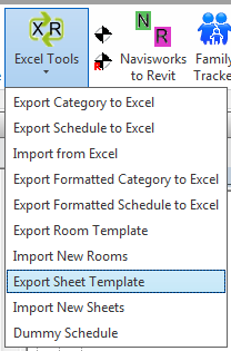 Excel Tools ribbon dropdown — Export Sheet Template highlighted