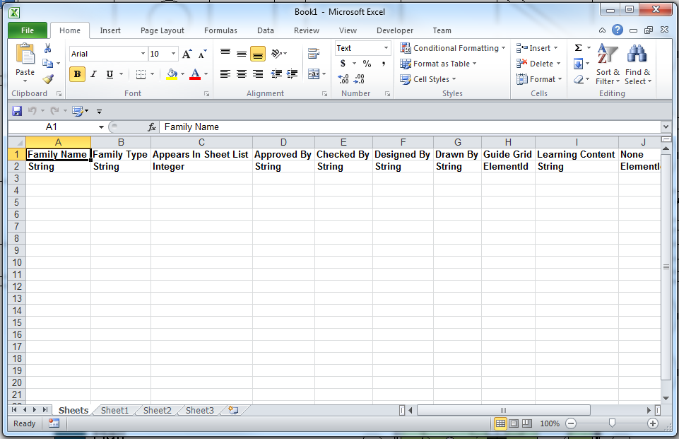 033h Export Sheet Template — generated Excel template with Family Name, Family Type, and all sheet parameter columns