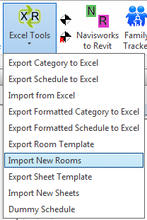 Excel Tools ribbon dropdown — Import New Rooms highlighted