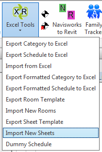 Excel Tools ribbon dropdown — Import New Sheets highlighted