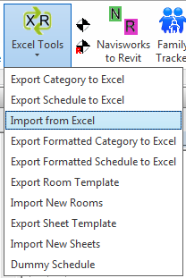Excel Tools ribbon dropdown — Import from Excel highlighted