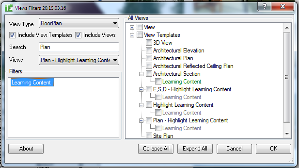 Full dialog showing filter assigned to multiple views in the tree