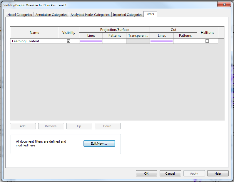 Revit VG Overrides Filters tab showing the applied filter