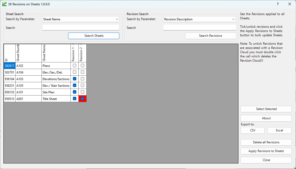 036 Sheet Revisions — main dialog
