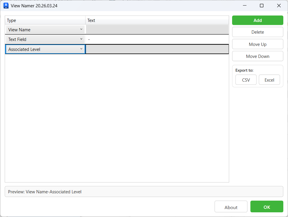 View Namer dialog showing three rows and preview
