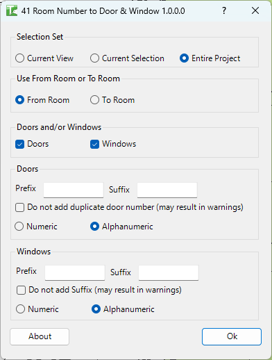 041 Room Number to Doors and Windows — main dialog