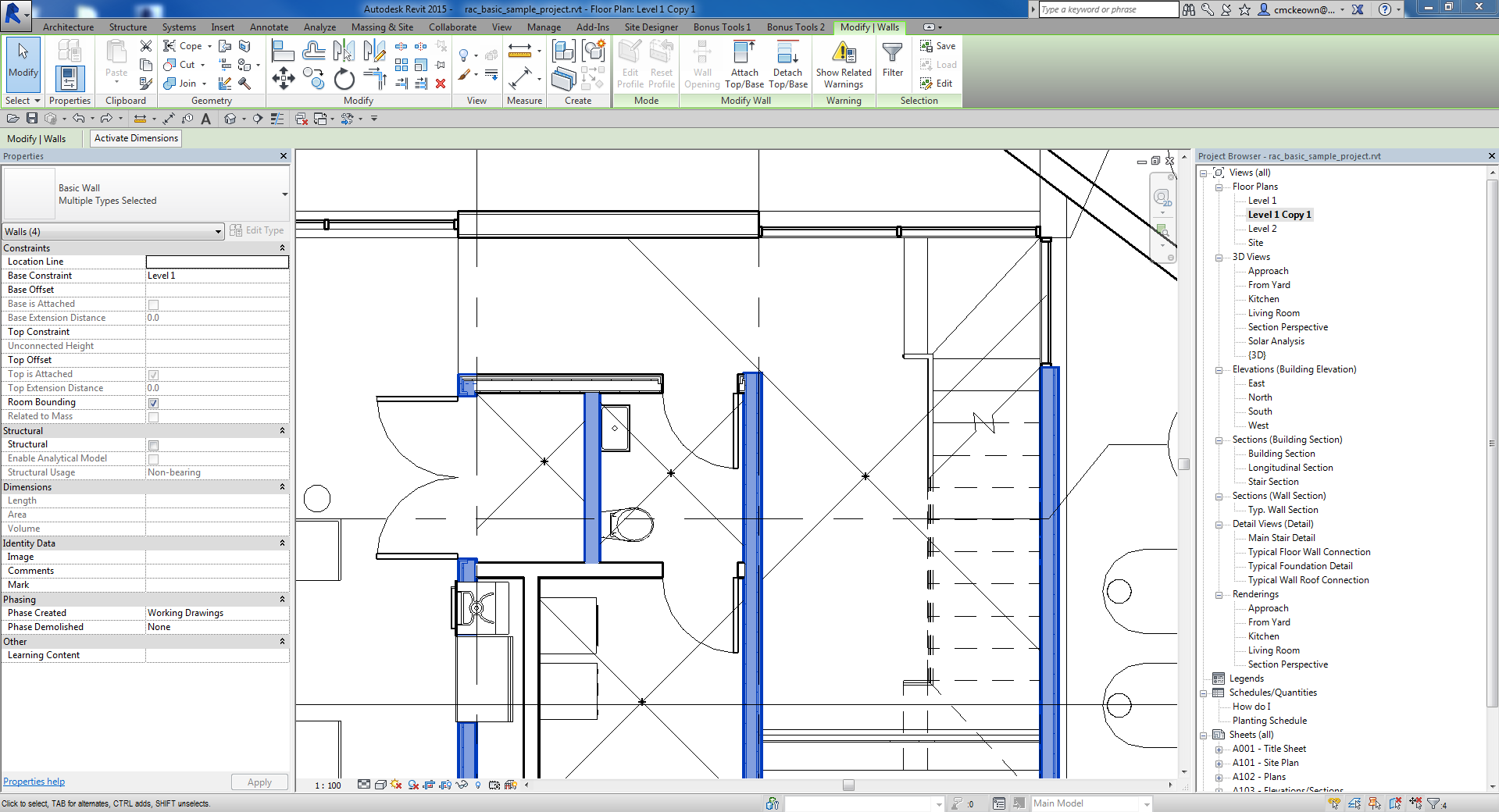 Parallel walls selected (highlighted blue) in a floor plan