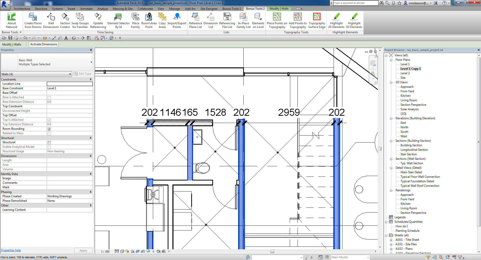Dimension string created across exterior wall faces