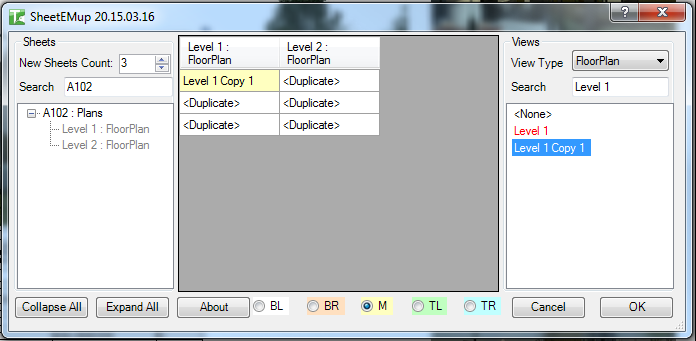 044 SheetEMup — grid with view assignments and filtered views list