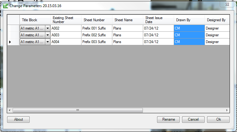 044 SheetEMup — Change Parameters dialog with new sheet numbers