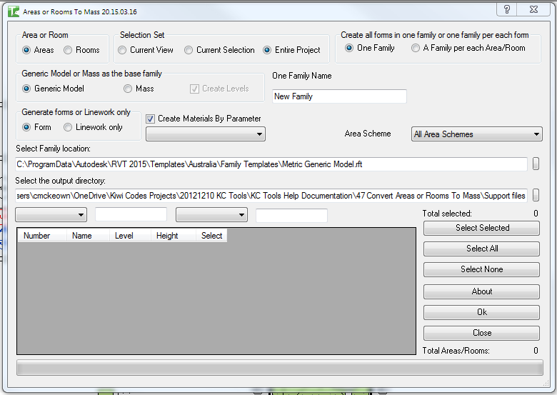 047 Convert Areas or Rooms To Mass — main dialog