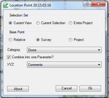 048 Location Point — configured dialog with Doors category, Survey coordinates, combined XYZ parameter