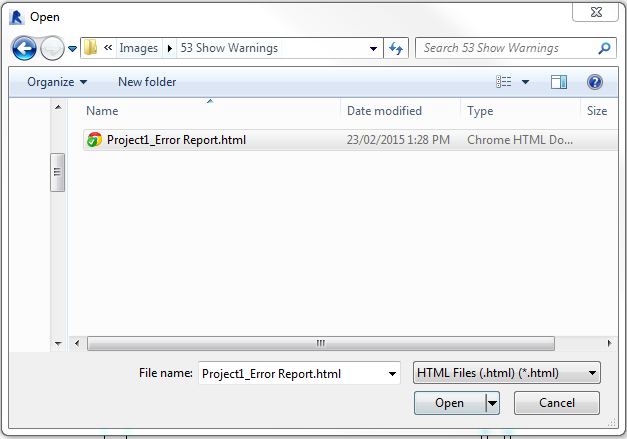 Open file dialog for warnings HTML
