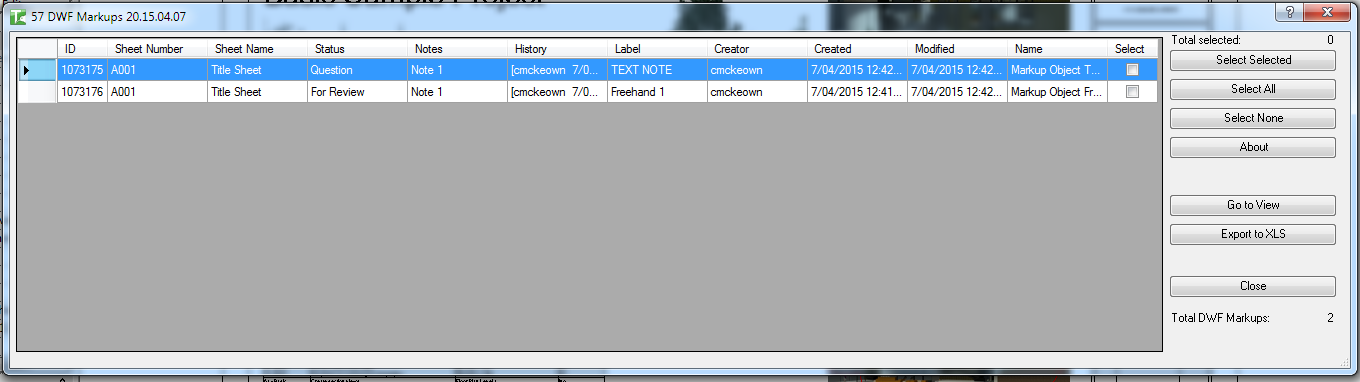 057 DWF Markups dialog with loaded data