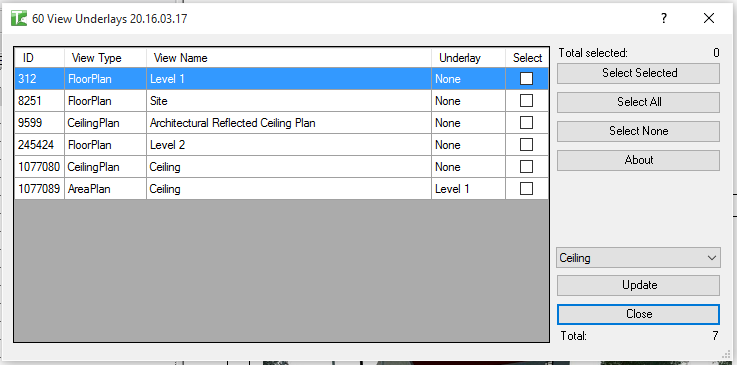 View Underlay dialog with views loaded