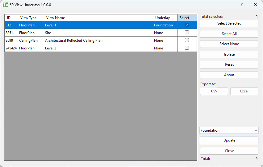 View Underlay dialog showing all plan views with current underlay settings